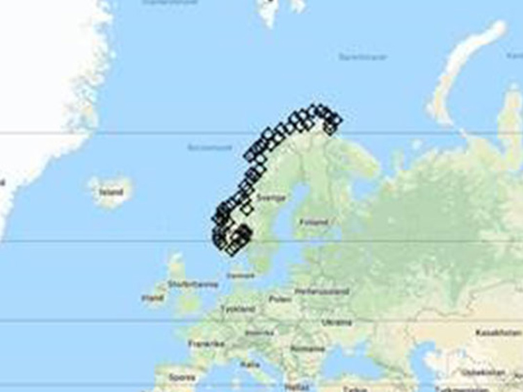Kart som viser Norge i Europa, med landet markert i sorte prikker.